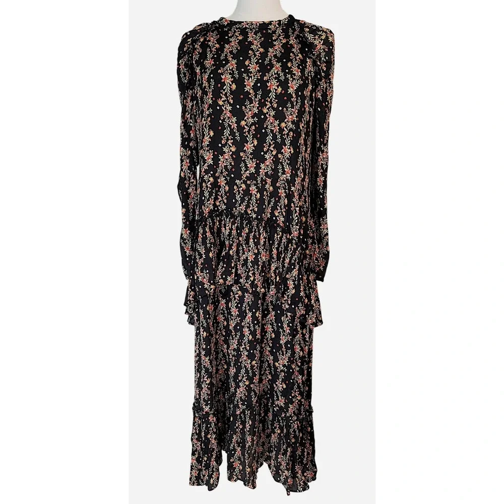 ZARA Black Floral Print Tiered Maxi Dress Puff Sleeve Ruffle High Neck - Picture 3 of 10